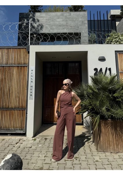 Kadın Keten Asimetrik Tek Omuzlu Bluz Pantalon Takım- Bordo indirimleri