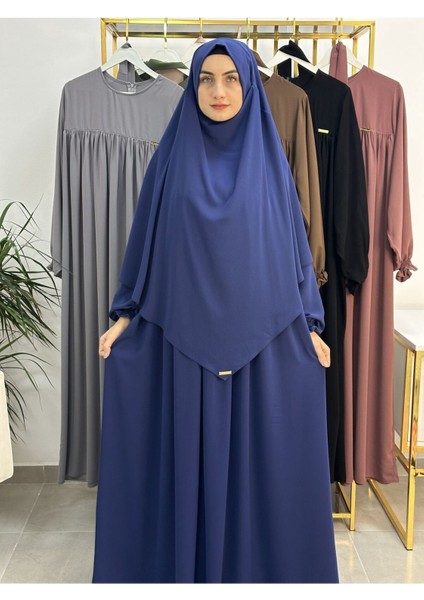 Ferace & Abaya Sufle Esarp ve Üsten Robalı Kemerli Elbise Takım .hac ve Umre Için Uygundur Indigo