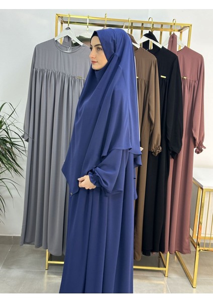 Ferace & Abaya Sufle Esarp ve Üsten Robalı Kemerli Elbise Takım .hac ve Umre Için Uygundur Indigo fırsatları