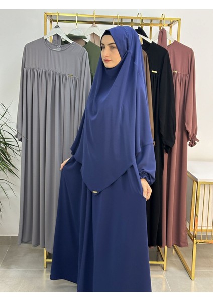 Ferace & Abaya Sufle Esarp ve Üsten Robalı Kemerli Elbise Takım .hac ve Umre Için Uygundur Indigo indirimleri