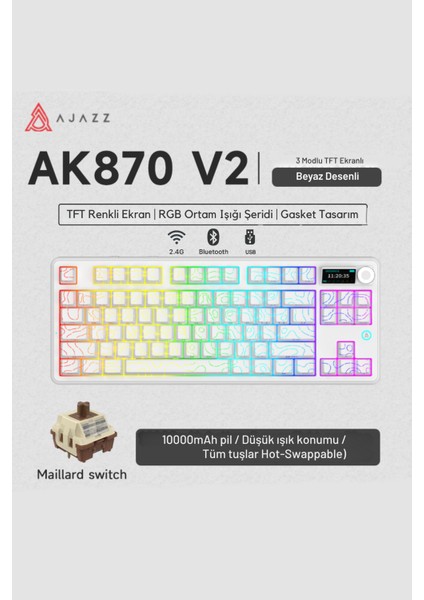 AK870 V2 Desenli 3 Modlu Tft Ekranlı Mekanik Klavye - 10.000 Mah Batarya