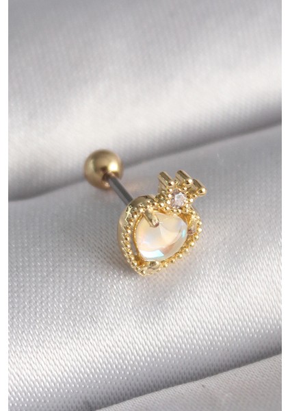 Bfs 316L Çelik Gold Renk Beyaz Mineli Kalp Zirkon Taş Detaylı Taç Tragus Piercing