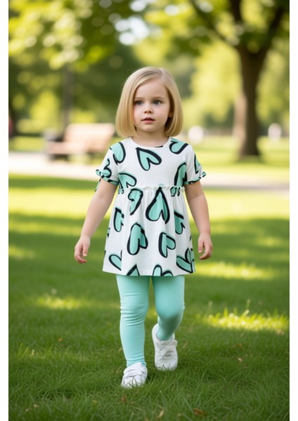 Kız Çocuk Kalp Detaylı Pamuklu Kısa Kollu Üst ve Tayt Seti Kaliteli Şık Rahat modelleri