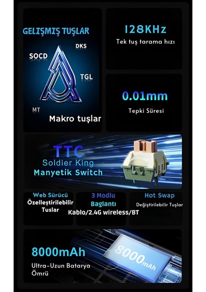 AK820 Max Ultra 3 Modlu Manyetik Switch Klavye-8+8k Tepkime SÜRESI-128 K Tarama Hızı Web Driver indirimleri