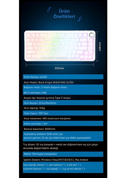 AK820 Max Ultra 3 Modlu Manyetik Switch Klavye-8+8k Tepkime SÜRESI-128 K Tarama Hızı Web Driver