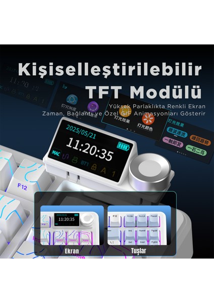 AK870 V2 Desenli 3 Modlu Tft Ekranlı Mekanik Klavye - 10.000 Mah Batarya