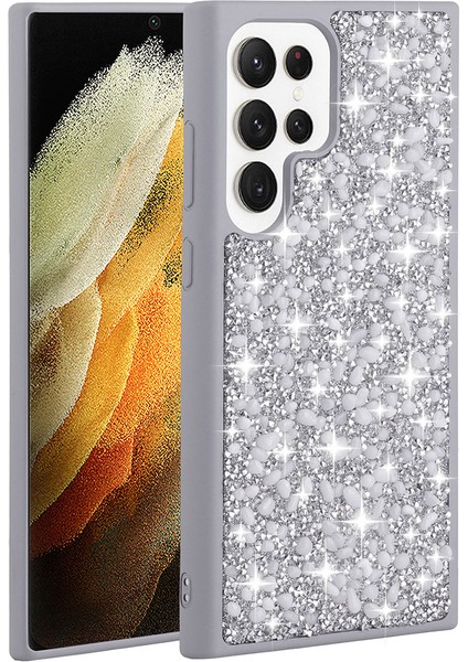 Galaxy S23 Ultra Kılıf Parlak Taşlı Tasarım Nxxa Linea Kapak-Gümüş