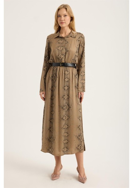 Piton Desenli Gömlek Yaka Elbise