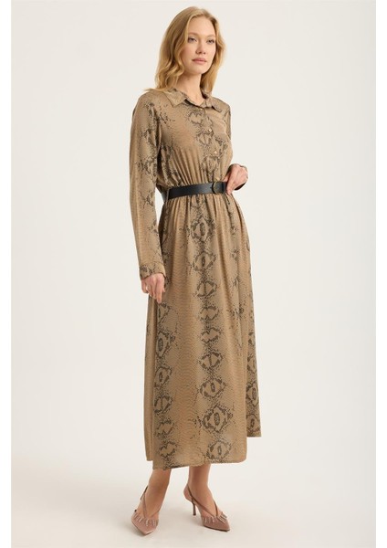 Piton Desenli Gömlek Yaka Elbise modelleri