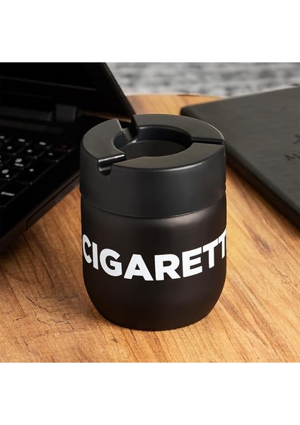 C-00513 Kokusuz Cam Hazneli Yanmaz Plastik Kapaklı Ev Araç Içi Küllük Kül Tablası - Siyah