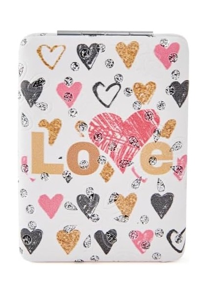 Promosyonca Aşk Temalı Cep Aynası, Kalp ve Love Desenli