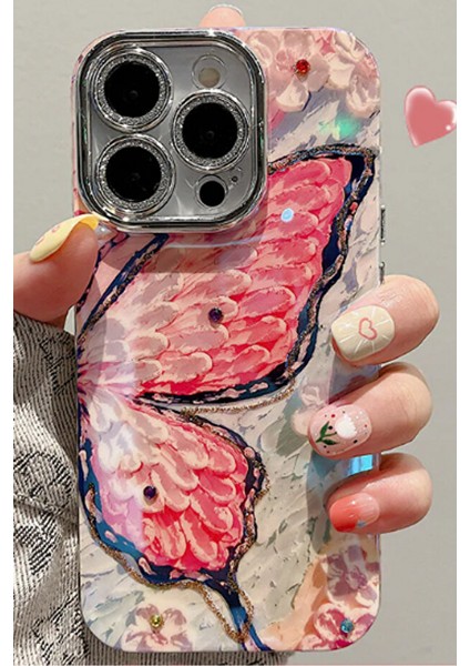 iPhone 13 Kılıf Renk Geçişli Taşlı Kamera Lens Korumalı Pembe Kelebek Desenli Darbe Emici Kapak