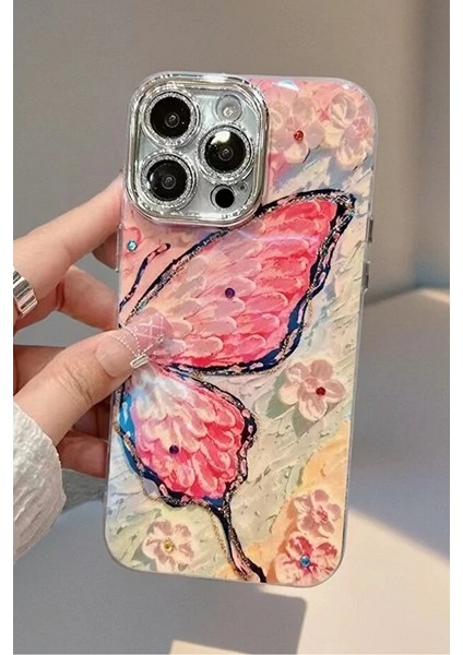 iPhone 13 Kılıf Renk Geçişli Taşlı Kamera Lens Korumalı Pembe Kelebek Desenli Darbe Emici Kapak fiyatları