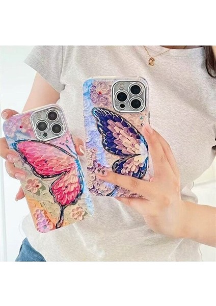 iPhone 13 Kılıf Renk Geçişli Taşlı Kamera Lens Korumalı Pembe Kelebek Desenli Darbe Emici Kapak modelleri