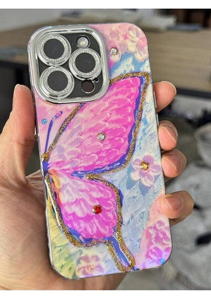 iPhone 13 Kılıf Renk Geçişli Taşlı Kamera Lens Korumalı Pembe Kelebek Desenli Darbe Emici Kapak fırsatları