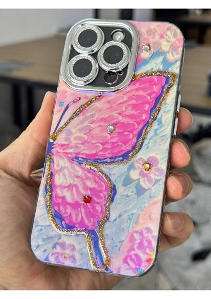 iPhone 13 Kılıf Renk Geçişli Taşlı Kamera Lens Korumalı Pembe Kelebek Desenli Darbe Emici Kapak indirimleri
