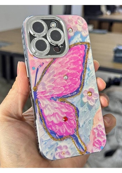 iPhone 13 Kılıf Renk Geçişli Taşlı Kamera Lens Korumalı Pembe Kelebek Desenli Darbe Emici Kapak