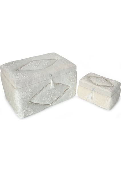 Kadife Klasik Desenli Söz Nişan Düğün Çeyizlik Gelin Bohça Sandık Seti (Büyük+Küçük) - Ekru