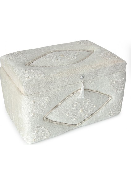 Kadife Klasik Desenli Söz Nişan Düğün Çeyizlik Gelin Bohça Sandık Seti (Büyük+Küçük) - Ekru modelleri