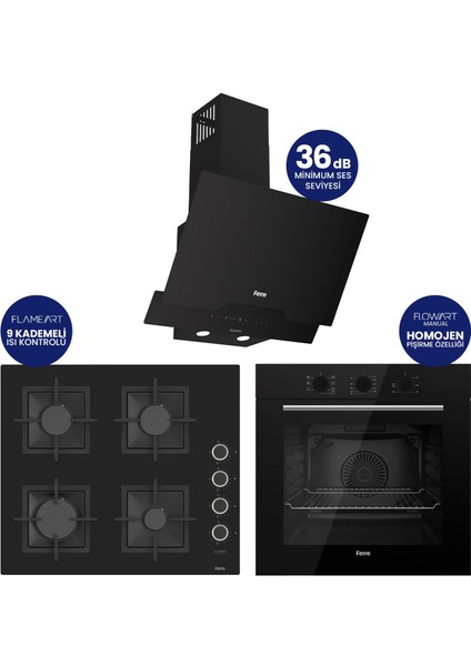 Flowart Turbolu Siyah Cam Silenart Ankastre Set ( Kaymaz Döküm Izgara ) QBL62CS - SC205 - D063SA