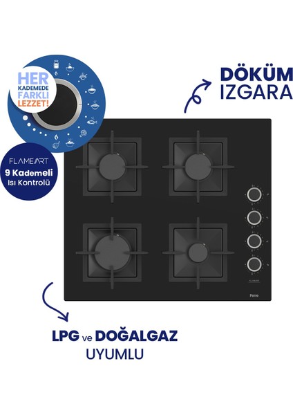 Flowart Turbolu Siyah Cam Silenart Ankastre Set ( Kaymaz Döküm Izgara ) QBL62CS - SC205 - D063SA modelleri