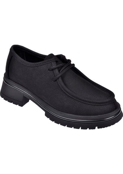 Hakiki Deri Bağcıklı Kadın Ayakkabı BEE-5547 Siyah Nubuk