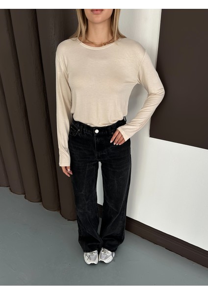 Kadın Uzun Kollu Bisiklet Yaka Penye Body