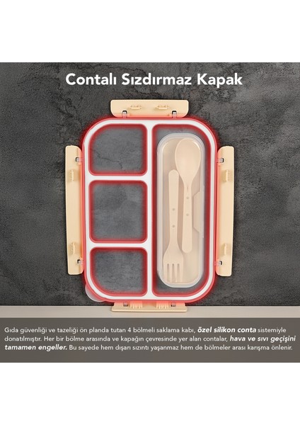 Sızdırmaz Contalı Yemek Kabı - 4 Bölmeli Çatal Kaşıklı Diyet Beslenme Kutusu Lunch Box Pembe fiyatları