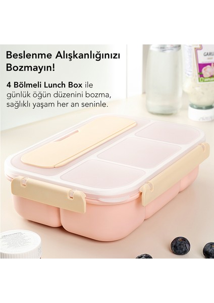Sızdırmaz Contalı Yemek Kabı - 4 Bölmeli Çatal Kaşıklı Diyet Beslenme Kutusu Lunch Box Pembe indirimleri