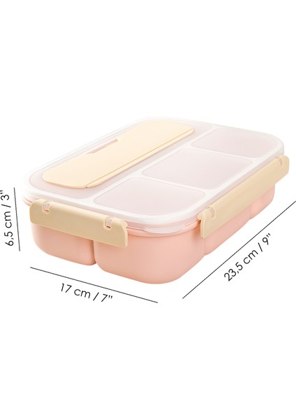 Sızdırmaz Contalı Yemek Kabı - 4 Bölmeli Çatal Kaşıklı Diyet Beslenme Kutusu Lunch Box Pembe