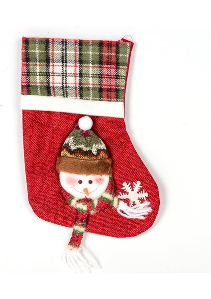 Yılbaşı Süsü Ekose Desenli Çorap Kardan Adam Figürlü Kırmızı 16X23 Cm.