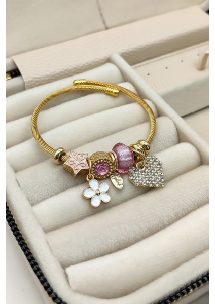 Çelik Kalp Zirkon Taşlı Pembe Charmlı Bileklik Pndr-Blk-Klp-P