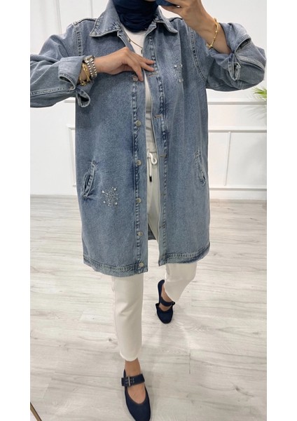 Taşlı Tunik Ceket Kar Yıkamalı Mavi D2516