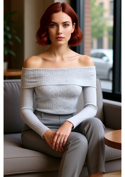 Kadın Esnek Örme Carmen Yaka Uzun Kollu Üst Kaliteli Şık Rahat Modern Zarif Günlük