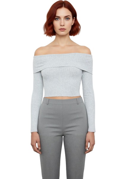 Kadın Esnek Örme Carmen Yaka Uzun Kollu Üst Kaliteli Şık Rahat Modern Zarif Günlük fiyatları