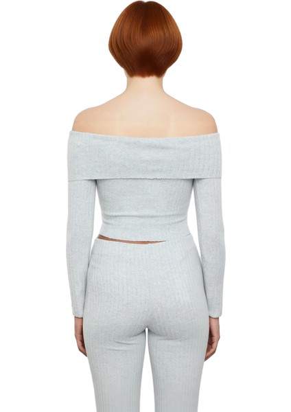 Kadın Esnek Örme Carmen Yaka Uzun Kollu Üst Kaliteli Şık Rahat Modern Zarif Günlük modelleri