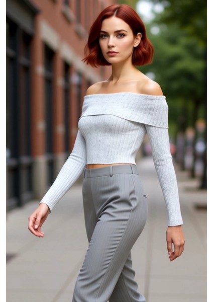 Kadın Esnek Örme Carmen Yaka Uzun Kollu Üst Kaliteli Şık Rahat Modern Zarif Günlük fırsatları