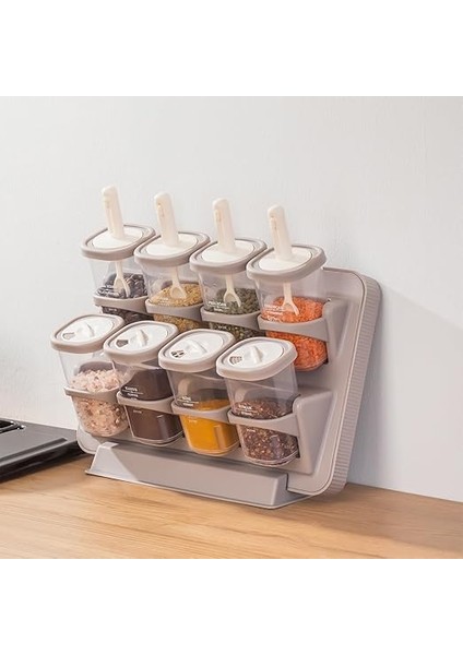 1116 Standlı Kaydırmalı Kaşıklı 360° Döner Kapaklı Etiketli Baharatlık Seti - Erzak Saklama Kabı Cappuccino indirimleri