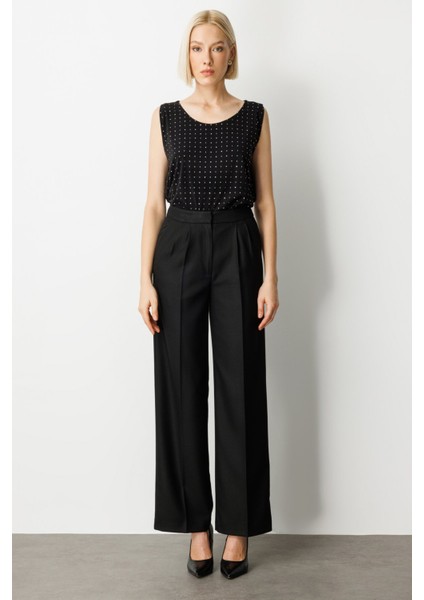 Kadın Pile Detaylı Bol Paça Pantolon 5059 Siyah