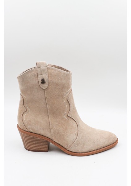 Kadın Hakiki Süet Deri Mat Sivri Burun Slip On Kalın Kısa Topuklu Kovboy Bot VN2454112K - Bej - 36
