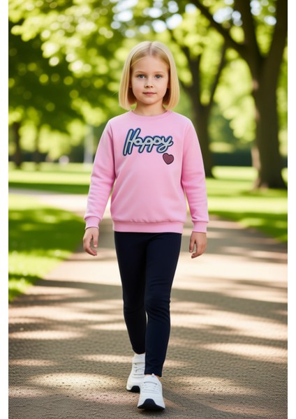 Kız Çocuk Kalp Desenli Pamuklu Bisiklet Yaka Uzun Kollu Üst ve Tayt Takımı Kaliteli Şık Rahat