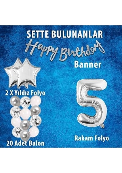 Gitti Gümüş Konsept Doğum Günü Kutlama Seti Beyaz Gümüş Konfetili Balon Rakam Yıldız Folyo ve Banner (5 Yaş) fiyatları