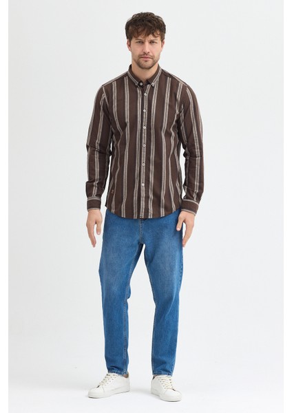 Melanj Çizgili Regular Fit Uzun Kollu Erkek Gömlek Düğmeli Yaka