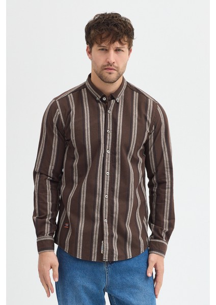 Melanj Çizgili Regular Fit Uzun Kollu Erkek Gömlek Düğmeli Yaka fiyatları