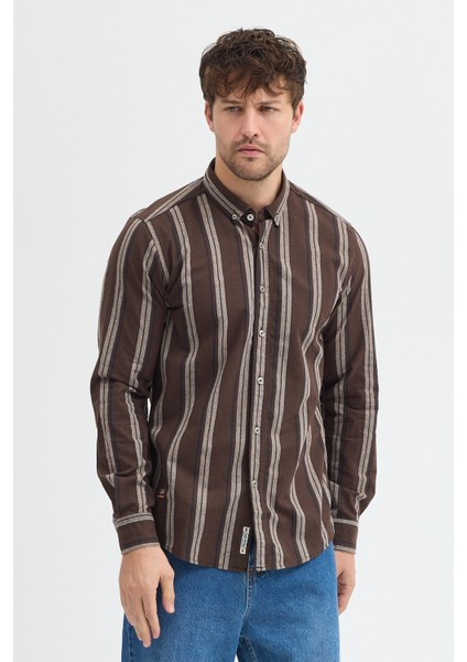 Melanj Çizgili Regular Fit Uzun Kollu Erkek Gömlek Düğmeli Yaka modelleri