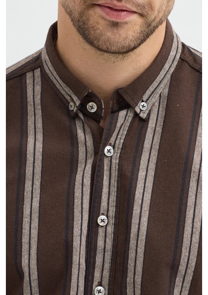 Melanj Çizgili Regular Fit Uzun Kollu Erkek Gömlek Düğmeli Yaka fırsatları