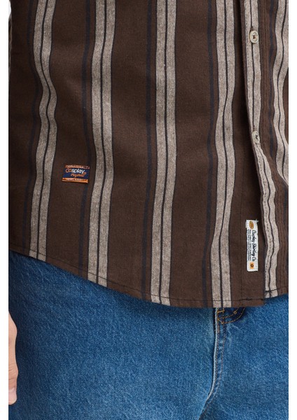 Melanj Çizgili Regular Fit Uzun Kollu Erkek Gömlek Düğmeli Yaka indirimleri