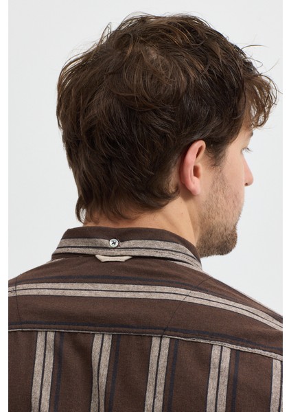 Melanj Çizgili Regular Fit Uzun Kollu Erkek Gömlek Düğmeli Yaka