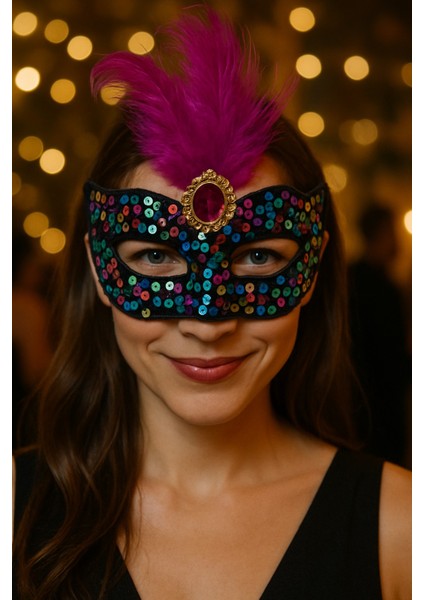 Renkli Payetli Mor Tüylü Taşlı Parti Maskesi Yetişkin Kadın Kostüm Aksesuarı Göz Bandı Maskot