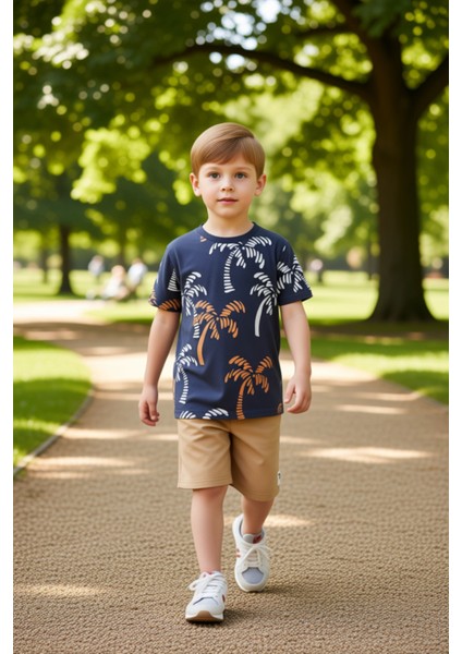 Erkek Çocuk Tropikal Desenli Pamuklu T Shirt ve Şort Takımı Kaliteli Şık Rahat modelleri
